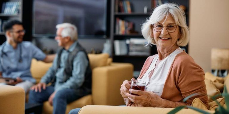 Senior Woman Enjoying Her Coffee in the Lounge Area of Assisted Living Cleburne